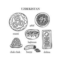 conjunto vetorial de ilustrações de pratos de natal uzbeques. ano Novo. comida tradicional do Uzbequistão. vetor