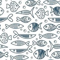 um conjunto de peixes diferentes, incomuns e brilhantes. padrão para têxteis. ilustração vetorial desenhada à mão. mundo subaquático. cores azuis do estilo de contorno dos desenhos animados vetor