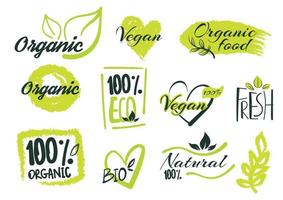 conjunto de vegan, eco, bio, orgânico, fresco, saudável, 100 por cento, comida natural. produto natural. coleção de emblema café, crachás, etiquetas, embalagens. ilustração vetorial. vetor