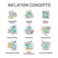 conjunto de ícones do conceito de inflação. tipos e causas. preços crescentes. ilustração de cores de linha fina de idéia de poder de compra. símbolos isolados. traço editável. vetor