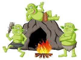 goblins ou trolls com casa de caverna e fogueira vetor