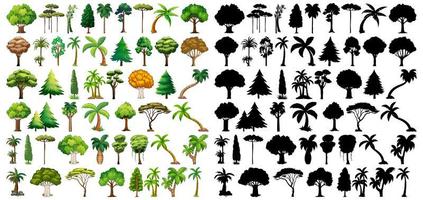 conjunto de plantas e árvores com silhuetas vetor