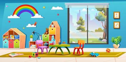 design de interiores dos desenhos animados da sala de aula do jardim de infância com brinquedos e móveis vetor