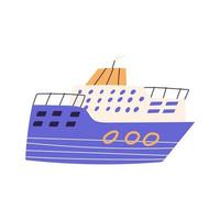 grande navio de cruzeiro na mão desenhada estilo infantil, ilustração vetorial plana dos desenhos animados isolada no fundo branco. barco navegando no mar ou oceano. desenho de transporte marítimo. vetor