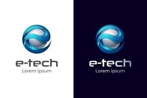 globo abstrato letra e design de logotipo 3d estilo gradiente azul com esfera redonda modelo de logotipo de vetor brilhante para marca de tecnologia