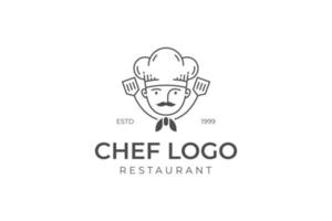 restaurante retrô vintage e design de logotipo de linha de chef profissional com um boné ou chapéu de chef e design de conceito de crachá vetor