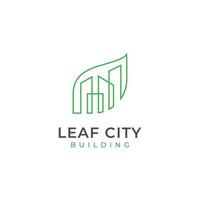 edifício verde com conceito de design de logotipo de linha de folha de natureza, logotipos de cidade ecológica vetor