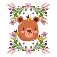 cabeça de urso fofa com decoração de flores e folhagem vetor
