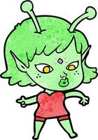 textura grunge retrô cartoon linda garota alienígena vetor