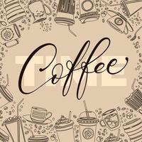 banner de cor bege vetorial para campanha de marketing, publicidade, promoções. mão desenhada várias xícaras de café lineares, canecas, copos de frappe, grãos de café, açúcar e colheres em torno da hora do café do texto. vetor