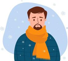 homem de inverno com bigode e barba com lenço no fundo dos flocos de neve. ilustração vetorial. personagem em estilo simples para design, decoração, cartões postais e impressão vetor