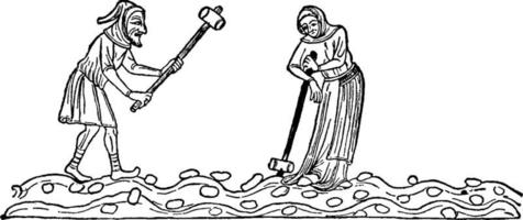 camponeses usando marretas para quebrar torrões de terra antes de cultivar a terra, ilustração vintage vetor