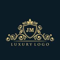 logotipo da letra jm com escudo de ouro de luxo. modelo de vetor de logotipo de elegância.