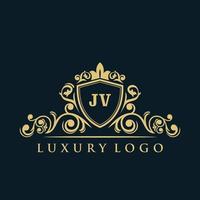 carta jv logotipo com escudo de ouro de luxo. modelo de vetor de logotipo de elegância.