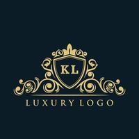 logotipo da letra kl com escudo de ouro de luxo. modelo de vetor de logotipo de elegância.