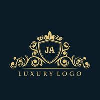 letra ja logotipo com escudo de ouro de luxo. modelo de vetor de logotipo de elegância.