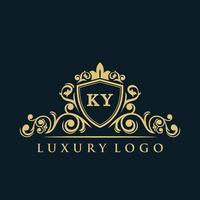 letra ky logotipo com escudo de ouro de luxo. modelo de vetor de logotipo de elegância.