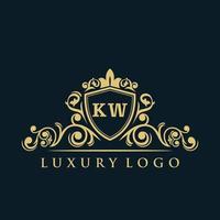 logotipo da letra kw com escudo de ouro de luxo. modelo de vetor de logotipo de elegância.