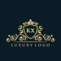 logotipo da letra kx com escudo de ouro de luxo. modelo de vetor de logotipo de elegância.