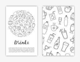 modelos de cartão com bebidas doodle. vetor