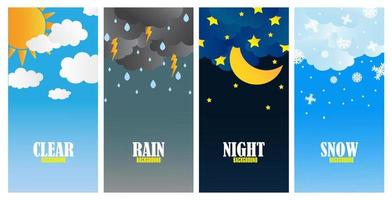 defina o plano de fundo vertical dos widgets do aplicativo de previsão do tempo. dia ensolarado, trovoada, chuva, noite e neve de inverno. ilustração vetorial. vetor