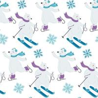 sem costura padrão com um esqui de urso polar fofo. ilustração com esportes de inverno. atividade de inverno. ilustração vetorial em um estilo simples. vetor