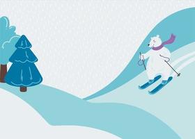 ilustração com um urso polar fofo que está esquiando. paisagem de inverno nevado. fundo sazonal com lugar para texto. ilustração vetorial em um estilo simples.