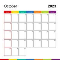 calendário de parede colorido de outubro de 2023, a semana começa no domingo. vetor