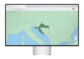 monitor de computador com mapa da croácia no navegador, procure o país da croácia no programa de mapeamento da web. vetor