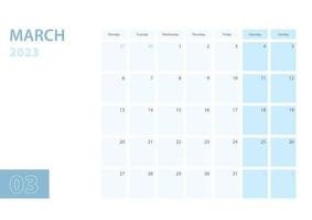 modelo de calendário para março de 2023, a semana começa na segunda-feira. o calendário está em um esquema de cores azul. vetor