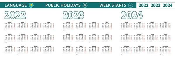 modelo de calendário simples em cazaque para 2022, 2023, 2024 anos. semana começa a partir de segunda-feira. vetor