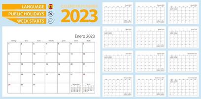 planejador de calendário espanhol para 2023. idioma espanhol, semana começa a partir de domingo. vetor