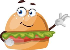 hambúrguer mostrando com a mão, ilustração, vetor em fundo branco.
