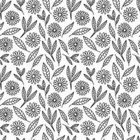 mão desenhada doodle folhas e flores padrão sem emenda. ramo preto e branco com fundo de vetor de folhas