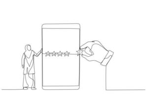 desenho de mulher muçulmana em pé com telefone celular com classificação de mão gigante cinco estrelas. estilo de arte de uma linha vetor