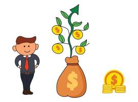 ilustração vetorial crianças desenho de homem de negócios e árvores de dinheiro, plantando riqueza em troca de moedas de ouro em galhos em estilo cartoon vetor