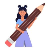 segura um grande lápis, uma garota com um lápis vetor