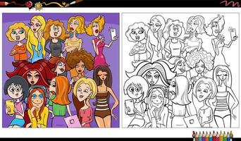 desenho de grupo de personagens de mulheres em quadrinhos engraçados para colorir vetor