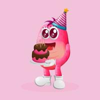 lindo monstro rosa usando um chapéu de aniversário, segurando o bolo de aniversáriov vetor