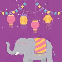 elefante e lanternas para a celebração do festival de diwali vetor