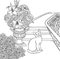 vaso de gato escadaria com jardim de flores. desenho vetorial preto e branco. para colorir e ilustrar. vetor