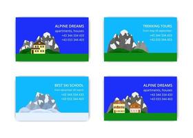 cartões de visita com casas alpinas e montanhas. vetor