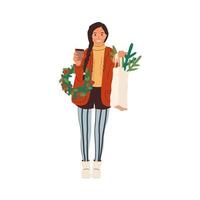 mulher feliz ao ar livre no inverno com café e sacola ecológica, carregando a guirlanda de porta de natal. menina com decoração de férias de natal. ilustração vetorial isolada no fundo branco vetor