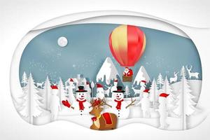 Natal papel arte papai noel e boneco de neve cena de inverno vetor