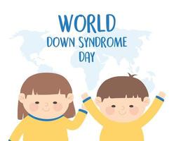 dia mundial da síndrome de down. menina, menino e mapa vetor