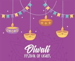 feliz festival de diwali. pendurar lâmpadas diya e velas vetor