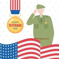 Feliz Dia dos Veteranos. nós, soldado, medalha e bandeira vetor