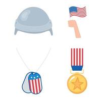 Feliz Dia dos Veteranos. medalha, bandeira e capacete vetor
