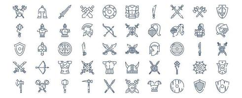 coleção de ícones relacionados a medievais e reinos, incluindo ícones como barbute, armadura, elmo romano, guerra e muito mais. ilustrações vetoriais, conjunto perfeito de pixels vetor