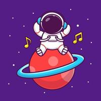 bonito astronauta ouvindo música na ilustração do ícone do vetor dos desenhos animados do planeta. pessoas ciência espaço ícone conceito isolado vetor premium. estilo de desenho animado plano